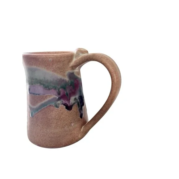 Hand thrown Studio Pottery Drip Paint Earthernware Mug Large Thumb Clay Neutral - Picture 5 of 7